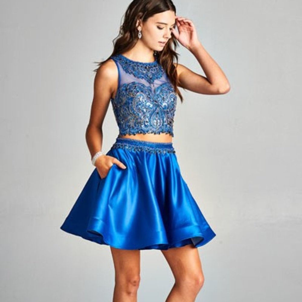 NEW Unique Short Junior Prom 2-piece Cruise Formal Dress, POCKETS Skirt & Top